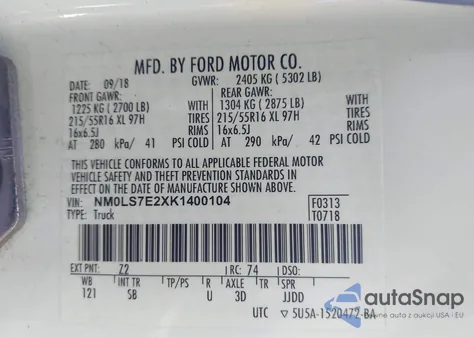 2019 Ford Transit Connect Xl из США, поврежденный, VIN NM0LS7E2XK1400104